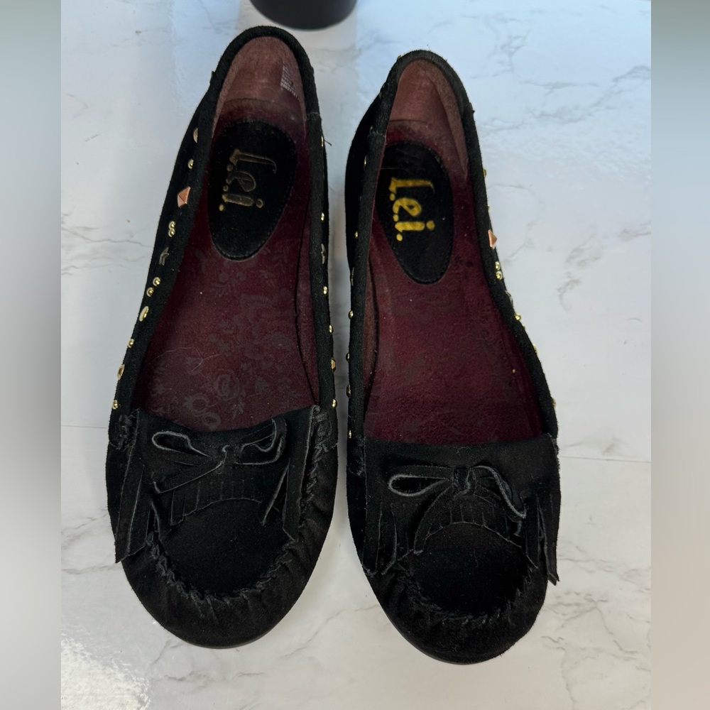 l.e.i.‎ Fallon Black Suede Studded Moccasin Flats Sz 9 Leather Loafers Slip-on